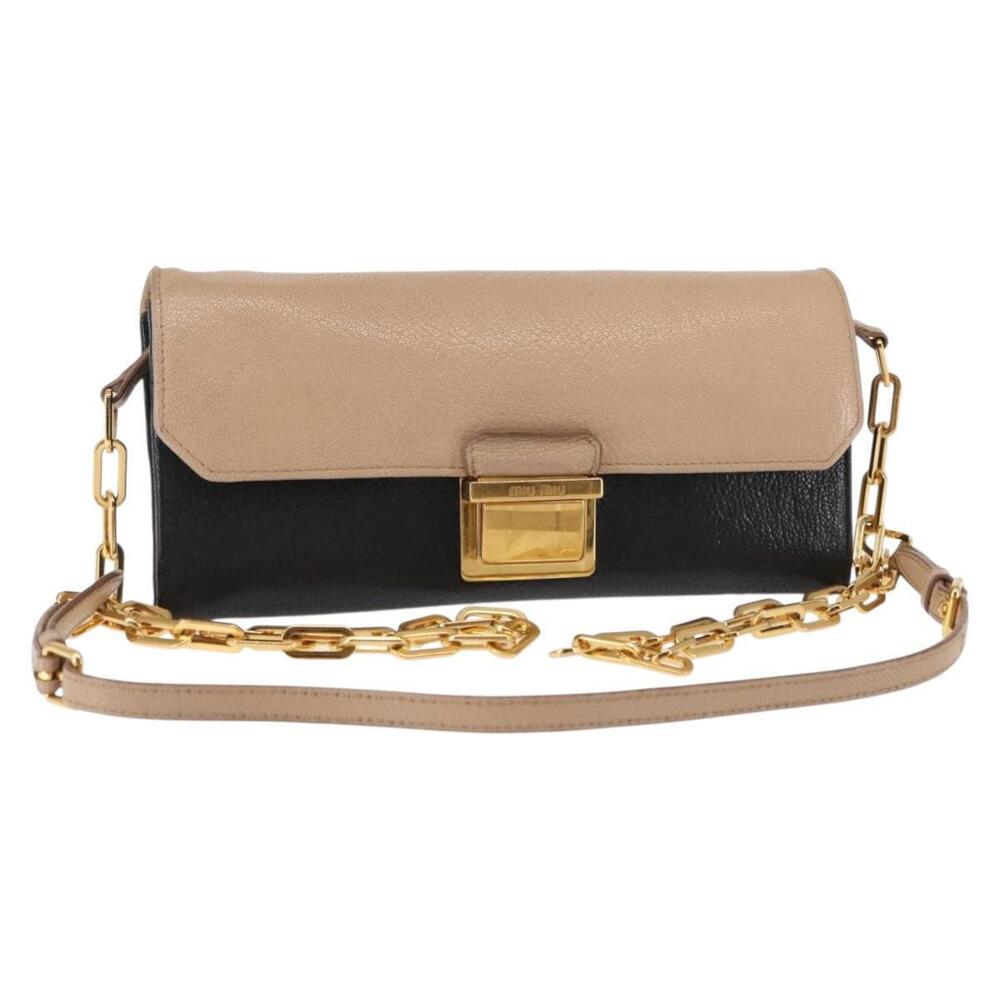 Miu Miu Chain Wallet Leather Beige Black gold Auth bs29776 - Picture 1 of 16